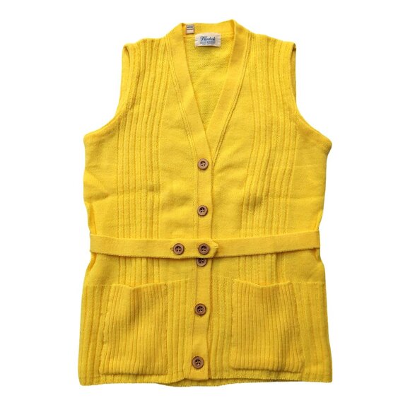Vintage 1960s Bright Yellow Sleeveless Belted Knit Cardigan Sweater Vest Pockets - Picture 1 of 11